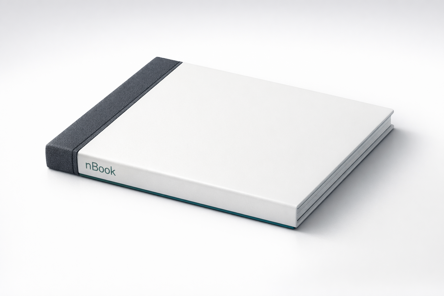 Closed nBook render showing its book-like spine and slim hardcover profile.